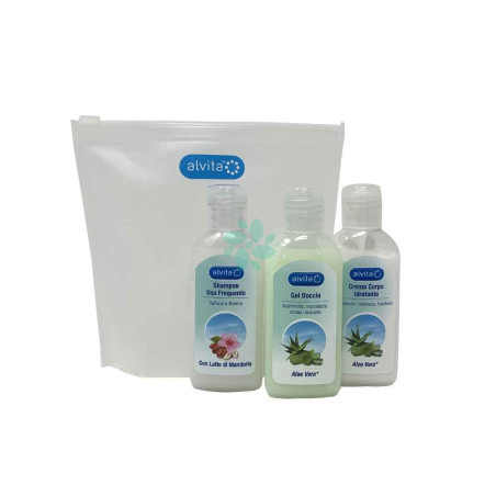 ALVITA KIT VIAGGIO BODY CARE 1 GEL DOCCIA ALOE VERA 75 ML + 1 CREMA CORPO IDRATANTE ALOE 75 ML + 1 SHAMPOO USO FREQUENTE 75 ML