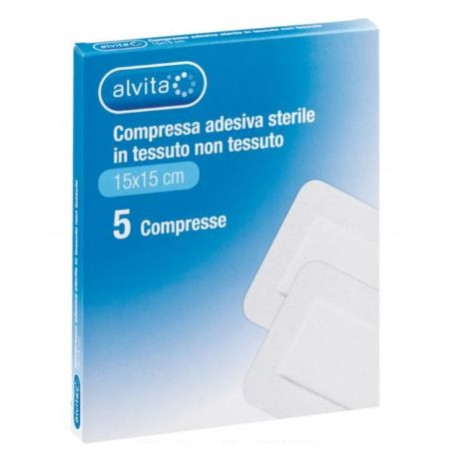 ALVITA GARZA COMPRESSA ADESIVA STERILE IN TESSUTO NON TESSUTO ESTENSIBILE BIANCO 15X15CM 5 PEZZI