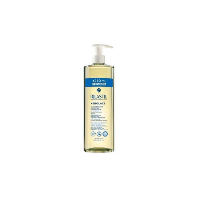 Confezione da 1 litro di Rilastil Xerolact olio detergente protettivo anti-irritazioni.