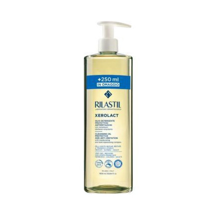 Confezione da 1 litro di Rilastil Xerolact olio detergente protettivo anti-irritazioni.