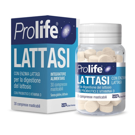 Confezione da 30 compresse masticabili di Prolife Lattasi integratore per digerire il lattosio