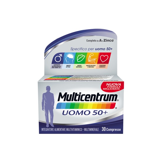 Confezione da 30 compresse di Multicentrum uomo 50+  multivitaminico e multiminerale per uomini sopra i 50 anni