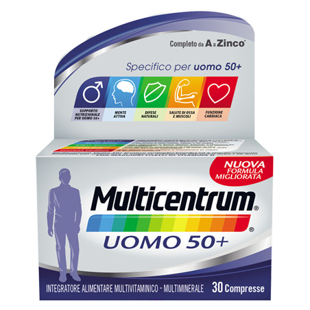 Confezione da 30 compresse di Multicentrum uomo 50+  multivitaminico e multiminerale per uomini sopra i 50 anni