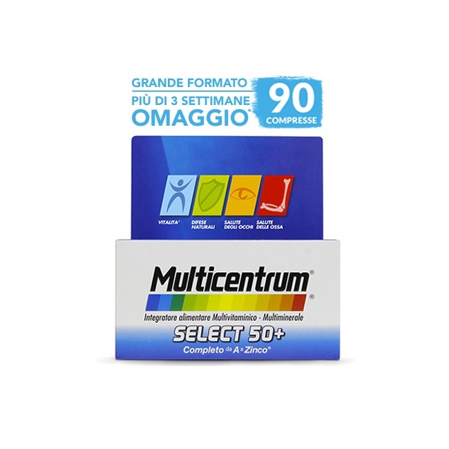 Confezione da 90 compresse di Multicentrum select 50+ multivitaminico per adulti sopra i 50 anni