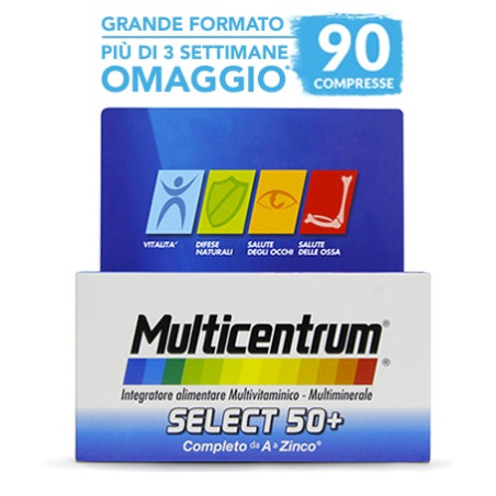 Confezione da 90 compresse di Multicentrum select 50+ multivitaminico per adulti sopra i 50 anni