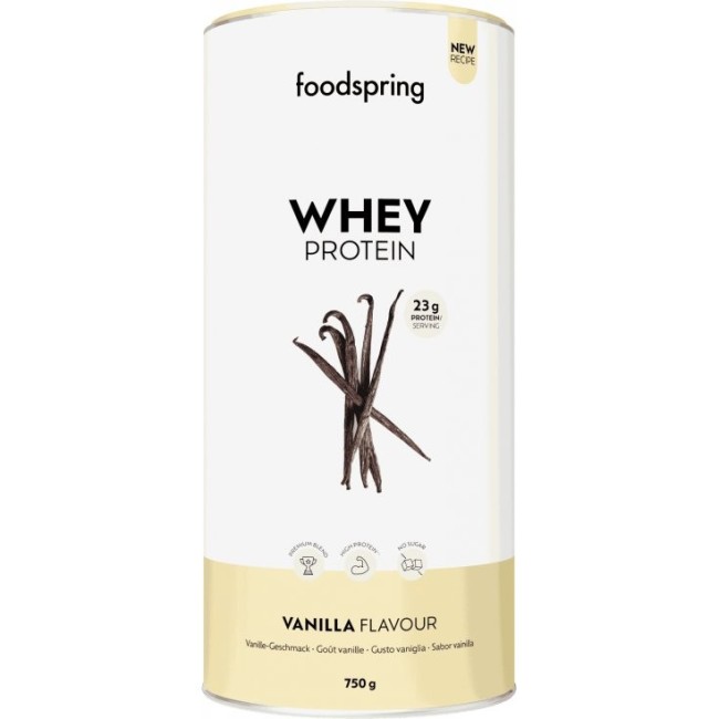 Barattolo da 750 grammi di whey protein in polvere Foodspring gusto vaniglia