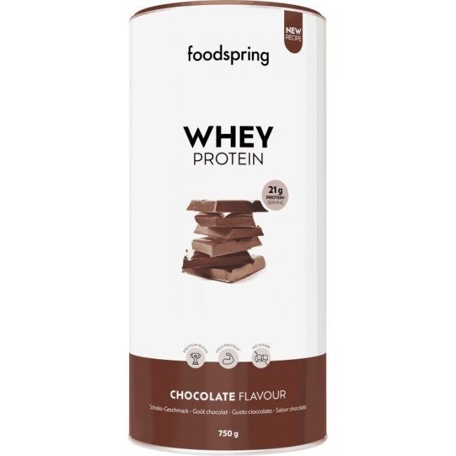 Barattolo da 750 grammi di whey protein in polvere Foodspring gusto cioccolato