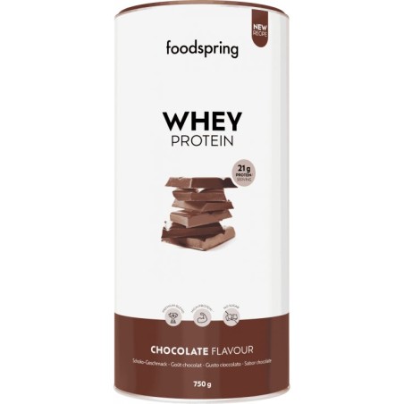 Barattolo da 750 grammi di whey protein in polvere Foodspring gusto cioccolato