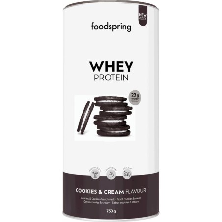 Barattolo da 750 grammi di whey protein in polvere Foodspring gusto Biscotti e crema