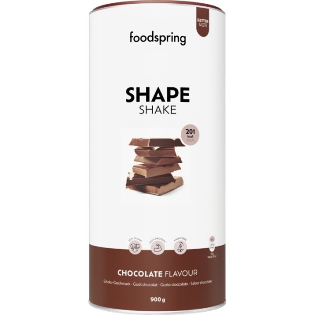 Barattolo da 900 grammi di Foodspring  Shape Shake gusto cioccolato sostitutivo del pasto