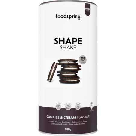 Barattolo da 900 grammi di Foodspring  Shape Shake gusto Biscotti e crema sostitutivo del pasto