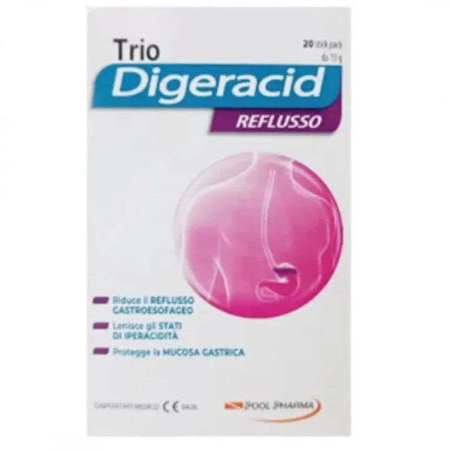 Confezione da 20 bustine liquide di trio Digeracid per bruciore di stomaco e reflusso gastrico