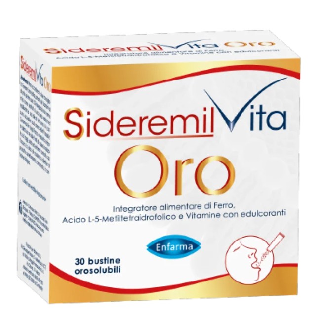 Confezione da 30 bustine orosolubili di Sideremil Vita Oro integratore di ferro e vitamine B