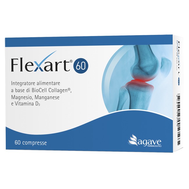 Confezione da 60 compresse di Flexart 60 integratore per il benessere di articolazioni, muscoli e ossa