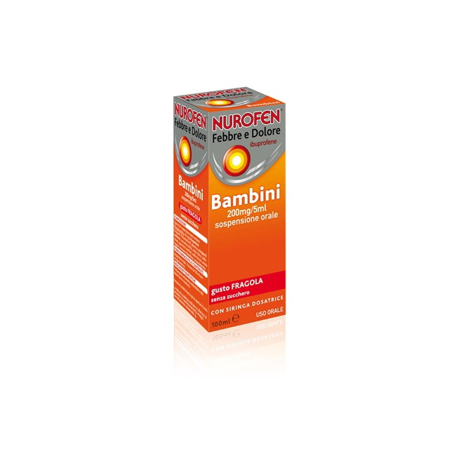 Nurofen Febbre Dolore Ibuprofene 200mg/5ml Bambini Sospensione Orale Fragola Senza Zucchero 100ml