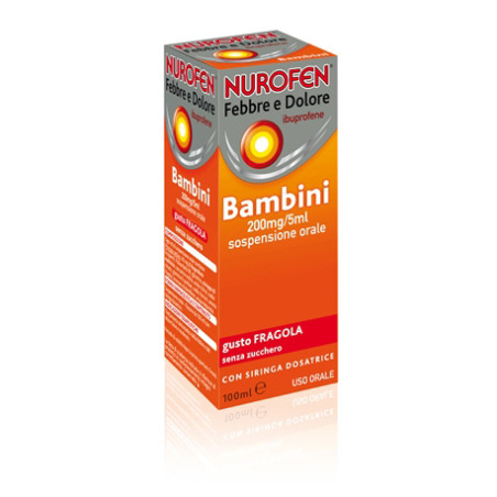 Nurofen Febbre Dolore Ibuprofene 200mg/5ml Bambini Sospensione Orale Fragola Senza Zucchero 100ml